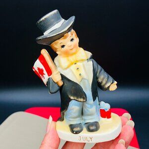 Vintage LEFTON ESD July Birthday Month Boy Figurine: Canada Flag, Top Hat - RARE